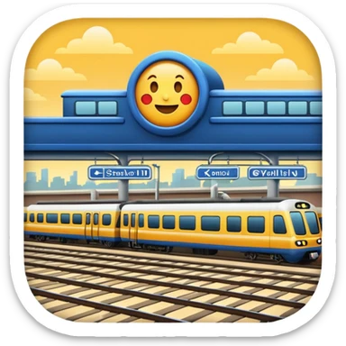 train station with multiple platforms and trains, emoji style sticker