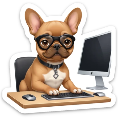 Fawn Frenchie with black muzzle working behind computer sticker