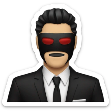 Poker face man, black hair and black mouth mask and black pant suit sticker