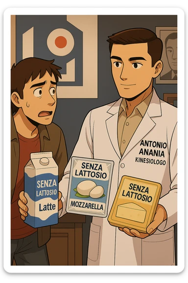 fai un webtoon manga a colori con questo stile, in cui un uomo ASCOLTA Il kinesiologo con il camice bianco (fagli anche la scritta "ANTONIO ANANIA" SUL CAMICE, IL KINESIOLOGO SPIEGA ALL'UOMO UNA MOSTRANDO VARI PRODOTTI DA SUPERMERCATO CONFEZIONATI (TIPO SCATOLA DI LATTE, MOZZARELLE CONFEZIONATE, FORMAGGIO CONFEZIONATO), OGNI CONFEZIONE HA LA SCRITTA "SENZA LATTOSIO SULL'ETICHETTA. L'UOMO OSSERVA IL KINESIOLOGO CON ESPRESSIONE CONFUSA IN VOLTO. non fare i fumetti però, fai solo in modo che sembri stiano parlando sticker