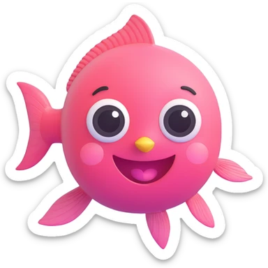 cute pink fish emoji, swimming, big smiling face, huge shiny eyes, rosy cheeks, tiny fins, soft pastel colors, underwater background with bubbles and coral, 3D glossy style, chibi emoji look, super kawaii sticker
