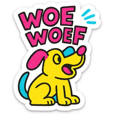 cartoon dog with head tilted, barking 'Woef Woef', bright and bold pop colors style sticker