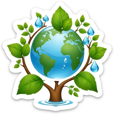 An icon featuring a globe with green leaves, a recycling symbol, and a water droplet, symbolizing ecology. The design includes trees, animals, and renewable energy icons, representing the study of ecosystems, environmental protection, and sustainability. Transparent background sticker