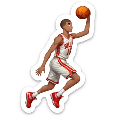 An icon showing a close-up of a basketball player in mid-air, performing an impressive dunk, inspired by NBA 2K25. The player is focused, with the ball in hand and the court in the background. Bright lights emphasize the action and excitement. Transparent background. sticker