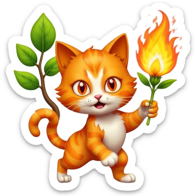 A crazy cat with eyes on fire holding a sprout from a tree and running towards us sticker