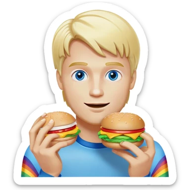 Blonde man with white skin and blue eyes eating a McDonald's hamburger, rainbow LGBT colors sticker