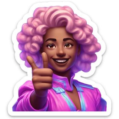 Synthwave thumbs up in SNES style, oil paint, epic eyes, intricate lips, exquisite pose, beautiful, desirable, logical, Midsommar  sticker