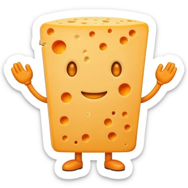A cheese with arms and legs and a gritted face sticker
