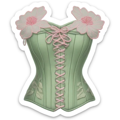 Sage green corset with pink flower embroidery, isolated sticker