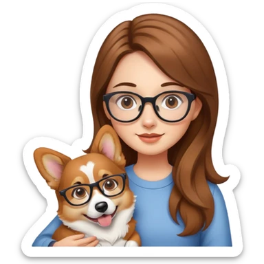A girl with long brown hair and glasses is holding a corgi sticker