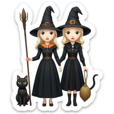 a witch with a hat and a broomstick and a black cat sticker