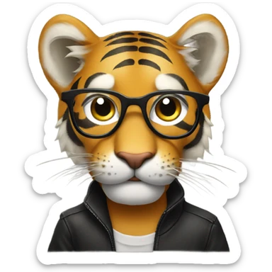 Make me a tiger wearing black horn-rimmed glasses and holding a microphone sticker