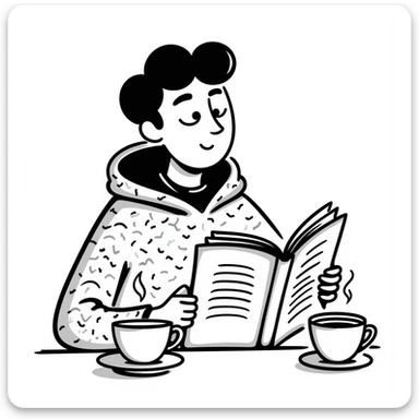 Chaucer reading and drinking tea, playful and sketchy, hand-drawn doodle style sticker