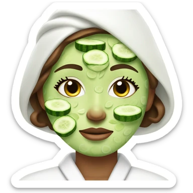 Girl with freackles Brown hair white skin and blue eyes wears Green colored texture skin care mask all over her face while She relaxes and puts two round piece of cucumber on her closed eyes In a white Robe sticker