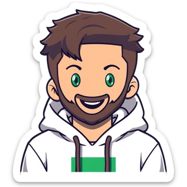 laughing guy with white hoodie, white t-shirt underneath, green eyes, dark brown undercut hairstyle and a short full beard sticker