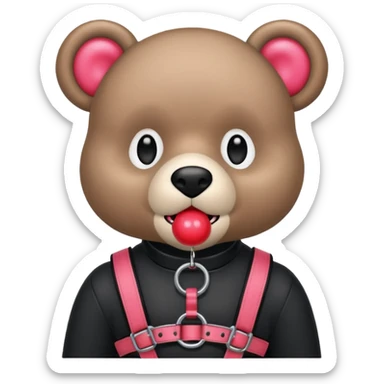 Gloomybear wearing black harness, red bubblegum in mouth sticker