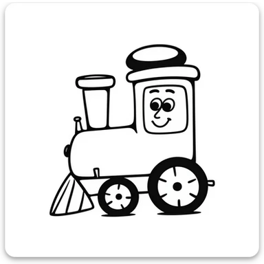 A hand-drawn toy train with a goofy happy expression and a conductor's hat sticker