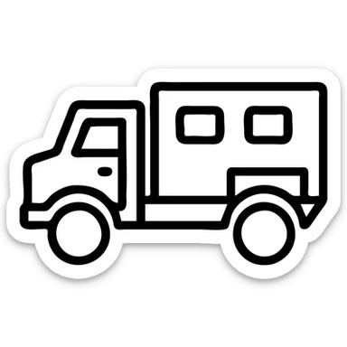 flat icon of European expedition truck, bold lines, no text sticker