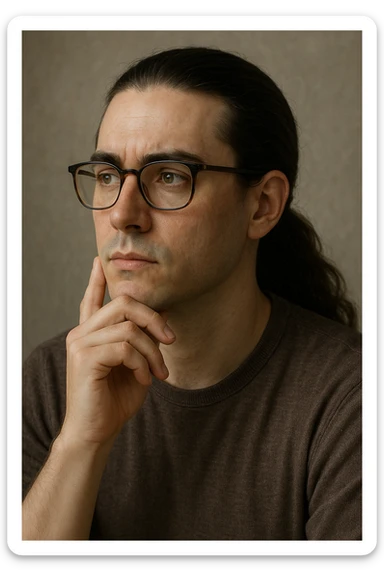 upper body portrait of a person with long pulled back dark brown hair, hazel eyes, and glasses, looking thoughtful sticker
