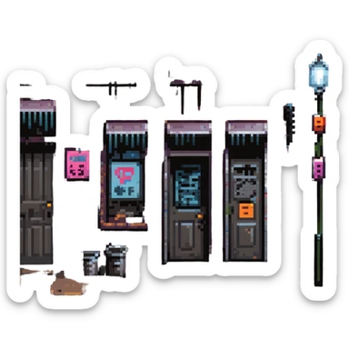 Pixel art background in side-scrolling view, inspired by classic Sega fighting games. Dark urban street in front of an old brick building, with graffiti, broken windows, metal door, trash cans, flickering neon sign, and a streetlamp. Gritty atmosphere, nighttime, subtle rain puddles on the ground. sticker