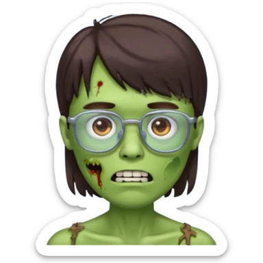 an emoji of a male green zombie with dark brown hair and female bangs that cover your entire forehead and extend to your eyebrows, wearing square, bluish glasses. sticker