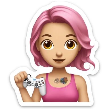White girl with arm tattoo and brown hair holding a pink game controller sticker