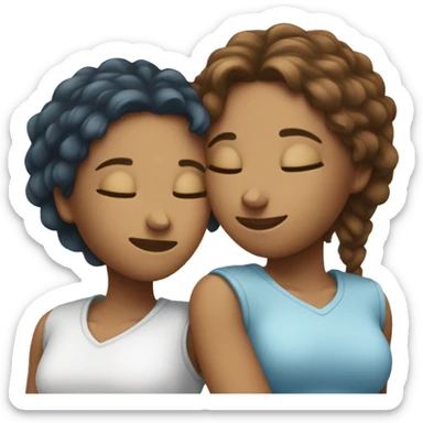 Two female best friends hugging each other, eyes closed, deep in loving hug, one wearing light blue! and one and white sticker