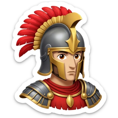 Legatus iron-grey roman helmet with red plumage and no gold/yellow, facing front sticker