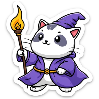 A cat wizard casting a spell with magical staff and flowing robes sticker