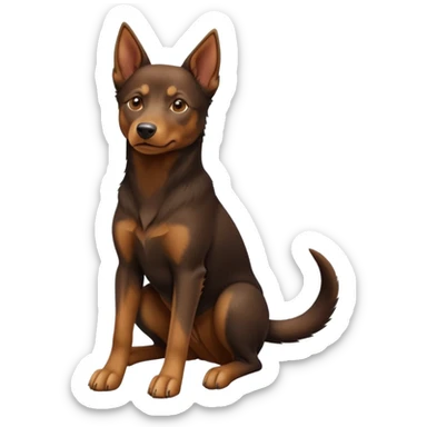 cinematic-[australian kelpie]-realistic-full-body-sitting-emoji,-tail-resting-loosely-beside-its-paws,-head-tilted-dramatically, -sleek-[Brown and tan]-fur,-simplified-yet-realistic-focused-features,-highly-detailed,-glowing-with-an-almost-sarcastic-glow sticker