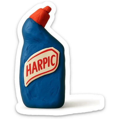 claymation style Harpic toilet cleaner bottle sticker