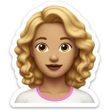 woman with wavy, medium-length honey blonde hair with highlights. She has a round face, light brown skin, thick arched eyebrows, dark brown eyes, and pink lipstick. She wears a white T-shirt, a delicate necklace, and small earrings. sticker