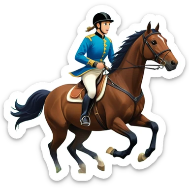 An icon showcasing a blue sky, distant mountains and a vibrant landscape. a majestic horse and rider in full gallop across a lush green field. The rider wears traditional gear, while the horse leaps with grace and power.  sticker