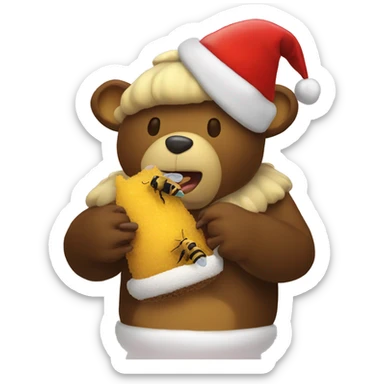 a bee eating a bear wearing a christmas hat sticker