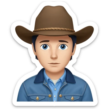 Jack Twist from Brokeback Mountain with blue eyes, dark brown hair, light blue shirt, navy blue jacket and cowboy hat sticker