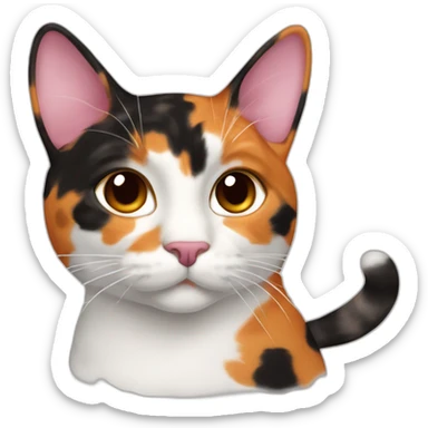 Calico cat with orange, brown and black pattern on its face but it’s mostly white. Cat has pink nose with brown dot sticker