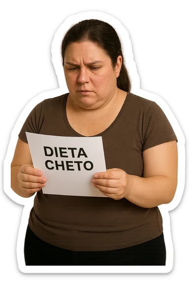 donna realistica leggermente in sovrappeso che legge un foglio con la scritta "dieta Cheto", sfondo bianco, iperrealistica 4k, IPERREALISTICA 4K sticker