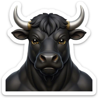 Cinematic Noble Black Bull Portrait Emoji, Poised and regal, with a massive, muscular build and a sleek, well-groomed pure black hide, deep-set soulful dark eyes, Simplified yet sharp and sophisticated features, highly detailed, glowing with a soft, dignified glow, high shine, intelligent and formidable, stylized with an air of strength, focused and attentive, soft glowing outline, capturing the essence of a watchful and confident guardian, so majestic it feels as though it could charge out of the screen with effortless authority! sticker