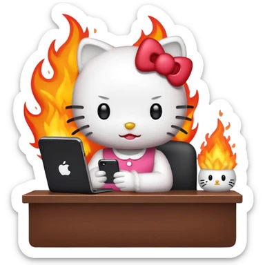 Apple-style emoji illustration of hello kitty character calmly sitting at an office desk, looking at a smartphone and looking relaxed, while the office behind her is subtly on fire. sticker