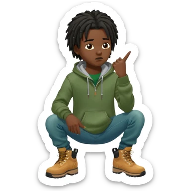 African American boy with short black dreadlocks wearing a green Nike hoodie wearing denim skinny jeans and timberland boots with finger point to his head indicating his thinking and intelligence sticker