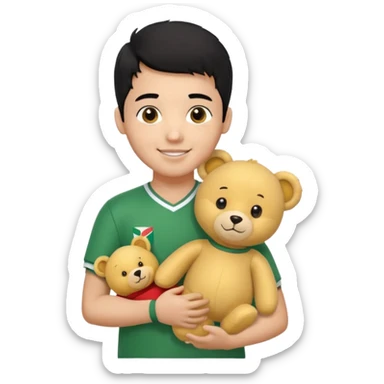 Une garçon qui a les cheveux noir qui sourit il a un maillot de l’algerie et qui a un doudou jaune sur son epaule un ours jaune qui a des habille noir sticker