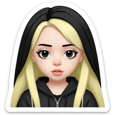 billie eilish as pretty bratz baddie, sharp black eyeliner, black hair sticker