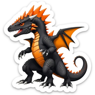 Black Salandit-Tyrunt-Tyrantrum-Greymon-Fakémon-creature-hybrid with orange belly (full body) sticker