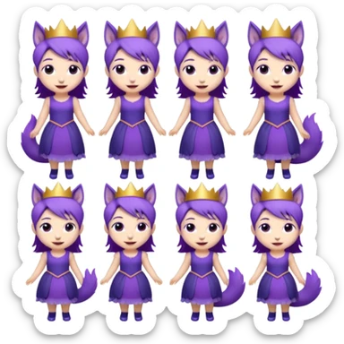 A collection of twelve chibi-style illustrations of a cute princess wearing a purple dress and crown with purple hair and purple wolf ears and purple wolf tail character. Each square shows the character doing something different against a white background And make a gap between each illusion sticker
