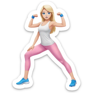 A cinematically realistic blonde with long hair and blue eyes, dressed in a white top and pink leggings, does a sports exercise called lunges sticker