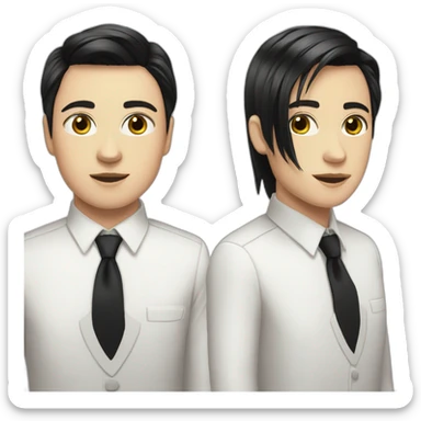 androgynous white boy bangs black straight hair white shirt black tie sticker