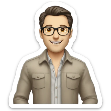 Joyful Full height Pale skinned Fit Man With dark brown hair in gray jacket, beige office shirt, Brown pants and vintage glasses. His thrumbs up sticker