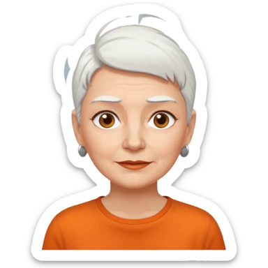 older white haired woman with orange shirt short white hair make eyebrows brown sticker