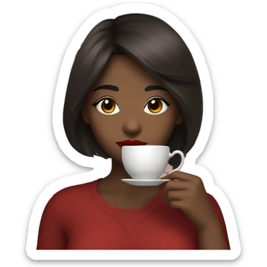 Dark brown haired girl drinking tea with eyelashes and red lipstick sticker