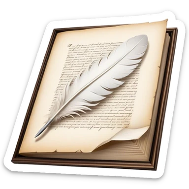 Create a poetic and elegant emoji representing poetry. The design should feature several, gracefully flying pages with short, poetic columns written on them. A white feather quill should be depicted writing on one of the pages, with ink flowing smoothly. The pages should have a soft, antique look, with subtle details to convey the delicate nature of poetry. Use soft, light colors with a romantic, airy feel. Make the background transparent. sticker